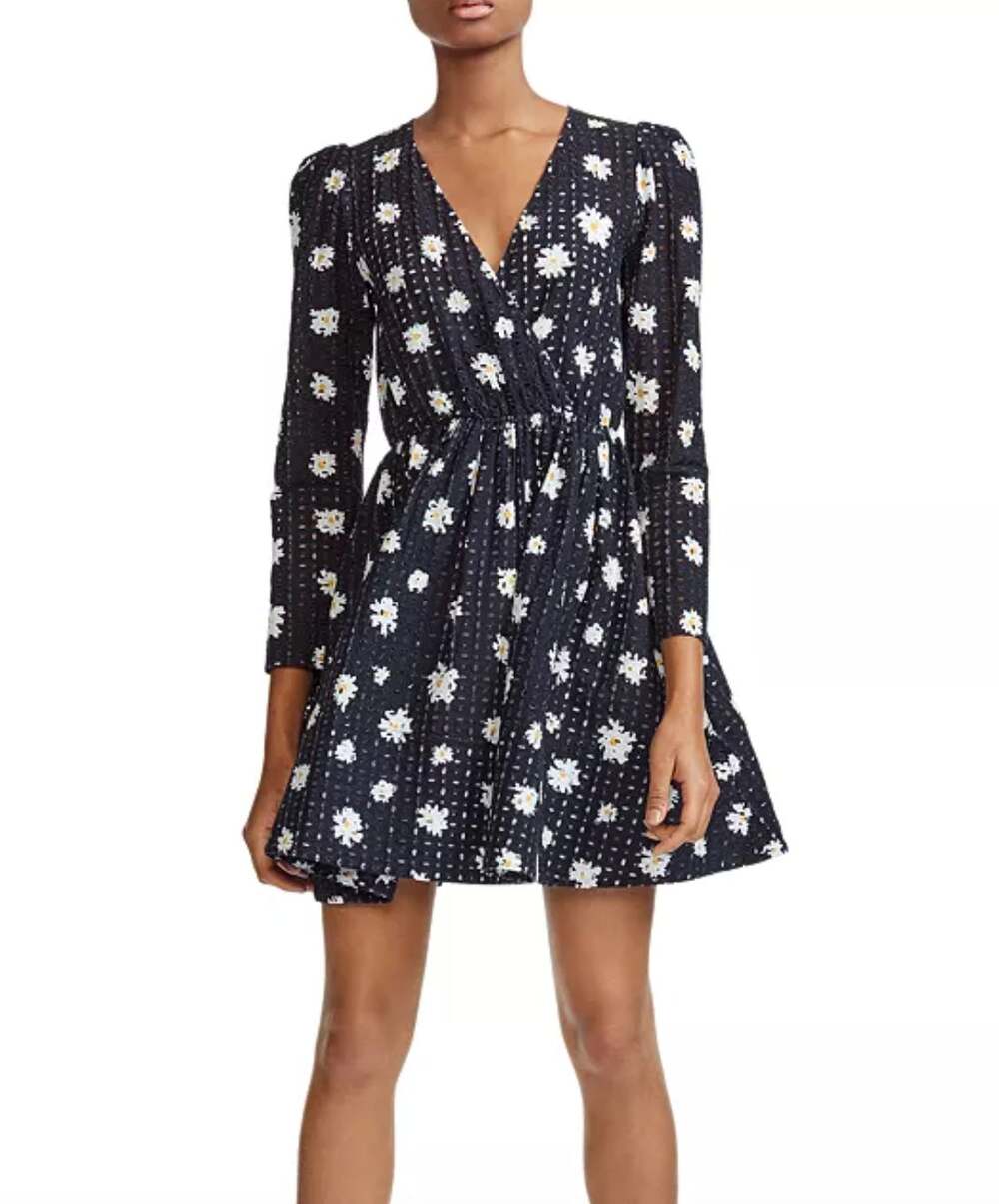 MAJE Rayom Daisy Print Eyelet Dress Black White Long Sleeve Crossover V-Neck 1